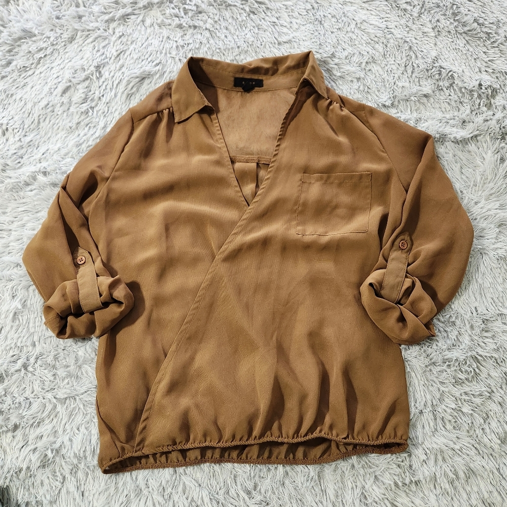 Edge Sheer Brown Faux Wrap Roll Tab Sleeve Blouse
